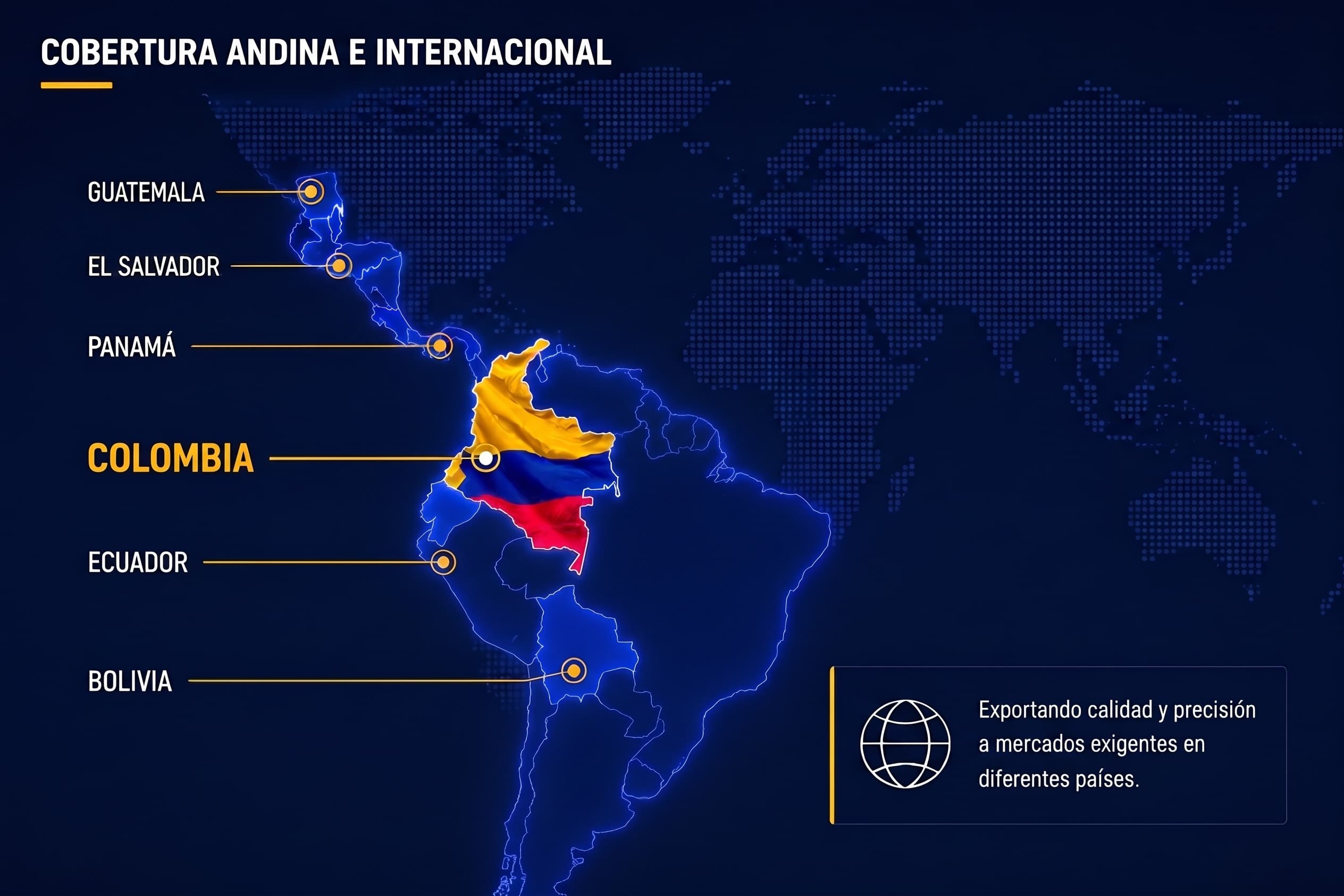 Mapa de cobertura: Mercado Andino e internacional — Guatemala, El Salvador, Panamá, Colombia, Ecuador, Bolivia