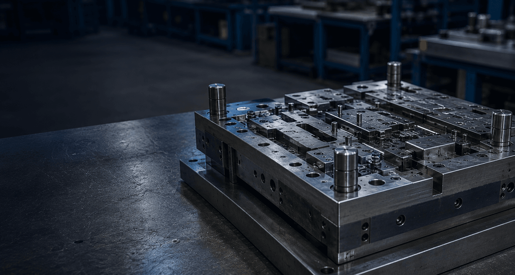 Troquel industrial de alta precisión sobre mesa de producción